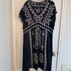 Johnny Was black linen Dress with White Embroidery